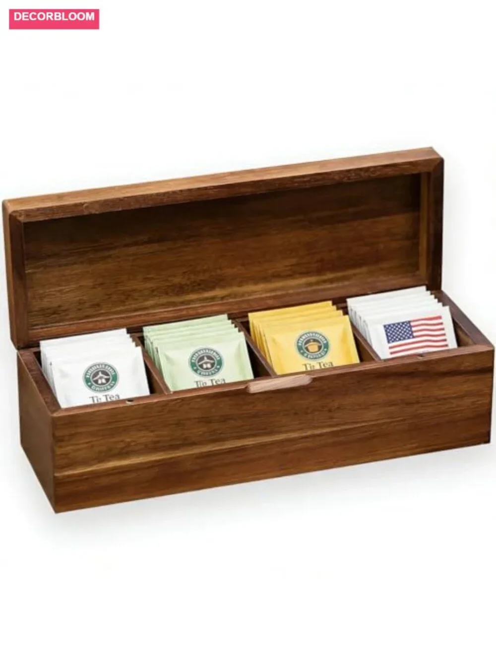 Acacia Wood Tea Bag Organizer with Compartments, Multi-Slot Tea Storage Box for